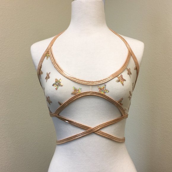 PRE LOVED - J Valentine Sequin Star Mesh Top- GLD/S - CHL085 - Picture 1 of 4